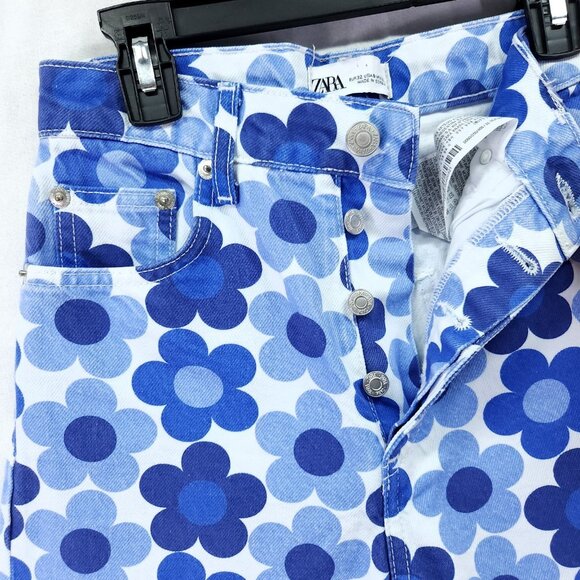 Zara Pants Womens 0 Blue 70's Floral Print Straight Leg Retro Button Fly Jeans - Picture 6 of 13